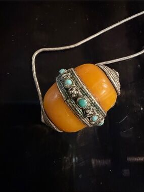Vintage Amber / Sterling Silver Chain and Repousse Pendant with Turquoise Stones